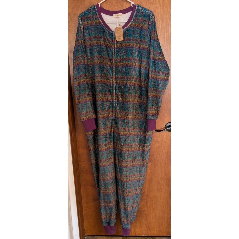 Natural Life Boho Magenta Floral Fleece Soft One Piece Pajamas Jogger Size L/XL